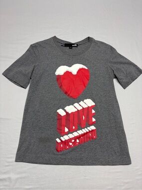 Moschino Gray Short-Sleeve Tee with Red Heart and LOVE Graphic